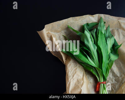 Damson fresche foglie su carta marrone Foto Stock