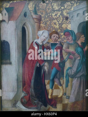 Il dipinto 'Gefangennahme der HL. Barbara (la cattura di Santa Barbara) presso lo Schaezlerpalais di Schwaben, risalente al 1480 circa, raffigura il momento in cui Santa Barbara viene catturata. L'opera è un esempio significativo di arte tardo gotica, che riflette temi religiosi e stili artistici medievali. Foto Stock