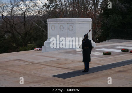 La Tomba degli Ignoti custodito da un membro della terza U.S. Reggimento di Fanteria, il Cimitero Nazionale di Arlington, Virginia, Stati Uniti d'America Foto Stock