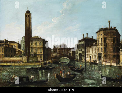 La rappresentazione di Tironi del Canal grande a Venezia cattura la bellezza dell'iconico corso d'acqua. Il dipinto mette in evidenza l'eleganza dei canali di Venezia, con le loro distintive gondole, gli edifici storici e le acque riflettenti. Foto Stock