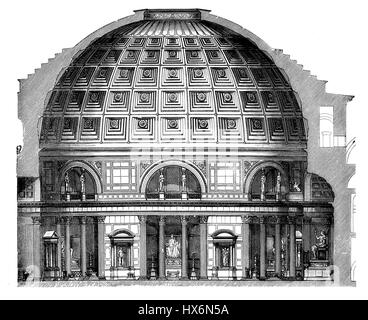Questo disegno del Pantheon offre una vista dettagliata dell'iconico tempio romano. Il Pantheon, noto per il suo enorme tetto a cupola, è una delle strutture meglio conservate dell'antica Roma e una meraviglia dell'ingegneria romana. Foto Stock