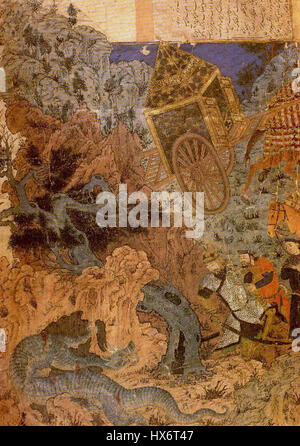 «Scuola di Tabriz 6» si riferisce probabilmente a un’opera o a un dipinto specifico della Scuola di Tabriz, una tradizione artistica persiana nota per i suoi dipinti dettagliati in miniatura e i manoscritti miniati. Questo stile è caratterizzato da colori vivaci e design complessi. Foto Stock