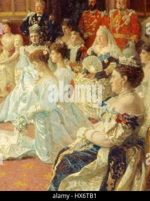 Questo dipinto commemora il matrimonio reale di Giorgio, duca di York (poi Giorgio V) con la principessa Maria di Teck nel 1893. L'evento fu significativo nella storia britannica, simboleggiando l'unione tra la famiglia reale e l'aristocrazia. Il pezzo raffigura la coppia e le figure importanti in un'elaborata cerimonia, che riflette la grandezza dell'occasione. Foto Stock