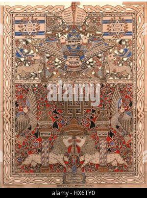 La Mizrah Shiviti del Museo Ebraico è un oggetto rituale ebraico che rappresenta la direzione orientale. Questo oggetto è tradizionalmente collocato in sinagoghe o case per affrontare Gerusalemme, simboleggiando la spiritualità e la connessione con il divino nella pratica ebraica. Foto Stock