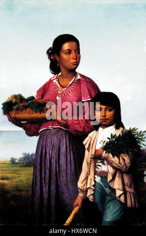 F. Bernard 'Two Chitimacha Indians' (due indiani Chitimacha) raffigura due personaggi nativi americani della tribù Chitimacha, mostrando il loro abbigliamento tradizionale e il loro significato culturale. Il dipinto cattura l'essenza dell'identità indigena e lo stile di vita del popolo Chitimacha. Foto Stock