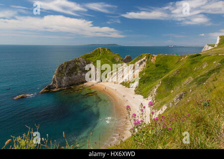 Guardando verso il basso nelle limpide acque dell'uomo O'guerra Bay dalla lunga distanza South West Coast Path sulla Jurassic Coast, Dorset, Inghilterra Foto Stock