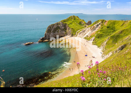 Guardando verso il basso nelle limpide acque dell'uomo O'guerra Bay dalla lunga distanza South West Coast Path sulla Jurassic Coast, Dorset, Inghilterra Foto Stock