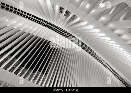 Interno dell'occhio, World Trade Center via Stazione (bianco e nero) di notte, Manhattan Financial District di New York City Foto Stock