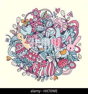 Cartoon disegnati a mano Doodle Felice Pasqua illustrazione. Foto Stock