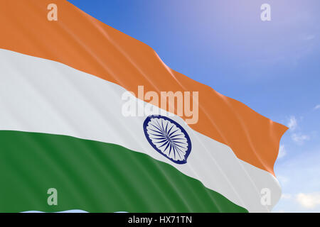 3D rendering di India bandiera sventola sul cielo azzurro sfondo, giorno dell'indipendenza. Il 15 agosto 1947, l'India è divenuta un dominio entro il Commonwealt britannico Foto Stock