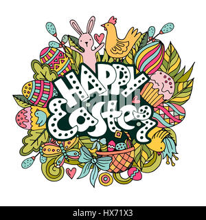 Cartoon disegnati a mano Doodle Felice Pasqua illustrazione. Foto Stock
