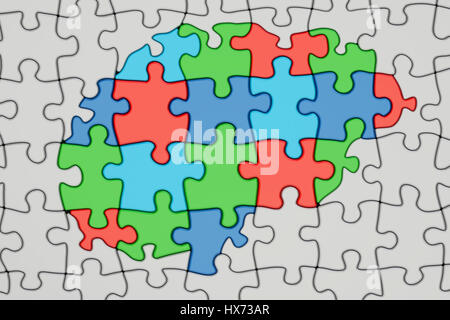 Concetto di autismo, cervello dal puzzle colorato, rendering 3D Foto Stock