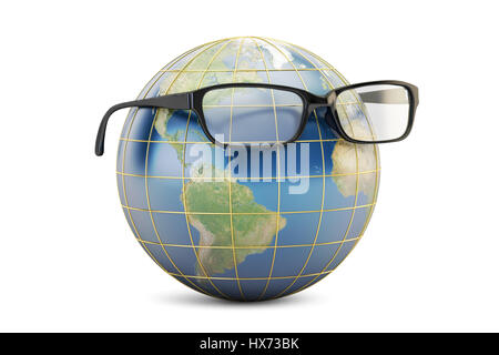 Occhiali con globo terrestre, rendering 3D isolati su sfondo bianco Foto Stock
