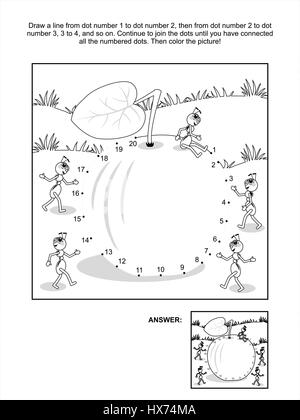 Collegare i puntini rompicapo e la colorazione di pagina - apple e formiche. Risposta inclusa. Illustrazione Vettoriale