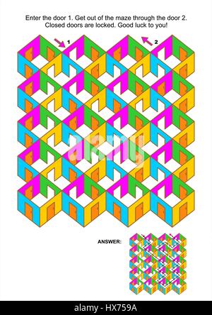 Gioco labirinto: immettere la porta 1. Uscire dal labirinto attraverso la porta 2. Risposta inclusa. Illustrazione Vettoriale