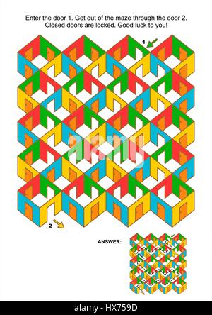 Gioco labirinto: immettere la porta 1. Uscire dal labirinto attraverso la porta 2. Risposta inclusa. Illustrazione Vettoriale