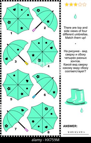 Il turchese ombrelloni visual puzzle: ci sono viste dall'alto e laterali di quattro diversi ombrelloni. Farli corrispondere! Risposta inclusa. Illustrazione Vettoriale