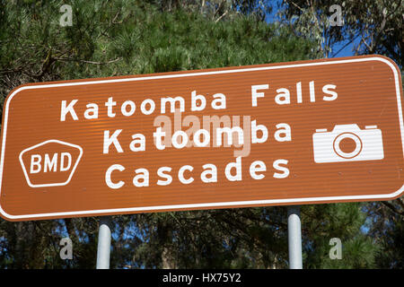Cartello turistico per le Cascate di Katoomba e cascate cascate del Parco nazionale Blue Mountains, Nuovo Galles del Sud, Australia Foto Stock