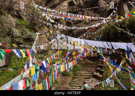 Bandiere di preghiera oltre il sentiero a Tiger's Nest monastero o Taktsang Goemba, un Himalayan Bhuddist monastero arroccato sulla scogliera a 900 metri al di sopra di Foto Stock
