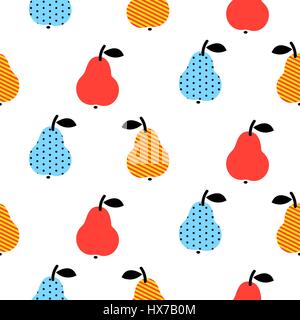 Pera tratteggiata blu senza giunture e schema rosso su bianco. La pop art di frutta estiva dello sfondo. Illustrazione Vettoriale