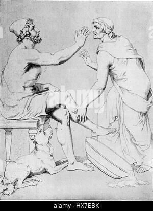 Questa illustrazione di Christian Gottlob Heyne raffigura il momento in cui Ulisse rivela la sua identità alla sua infermiera, Euriclea, nell'Odissea di Omero. L'immagine cattura il momento drammatico dell'epico, simboleggiando temi di riconoscimento e fedeltà. Foto Stock