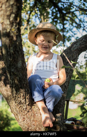 Ritratto all'aperto: bellissimo piccolo ragazzo seduto su un albero e l'azienda Apple Foto Stock