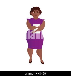 Business donna con la pelle scura e il peso in eccesso in un abito elegante su uno sfondo bianco. Isolato. Illustrazione Vettoriale Illustrazione Vettoriale