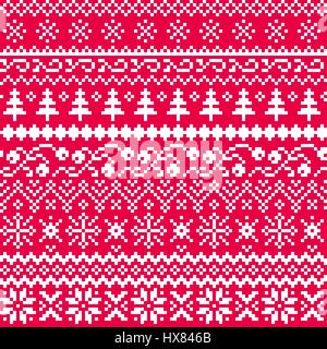 Natale vettore seamless pattern con motivi etnici in bianco su sfondo rosso. Nuovo anno. Pixel. Illustrazione Vettoriale