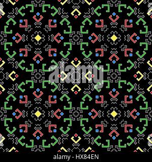 Geometrica pattern senza soluzione di continuità con gli elementi tradizionali della cultura di Chuvash. Modello etnico con righe bianche e colorate ripieno su uno sfondo nero. Illustrazione Vettoriale