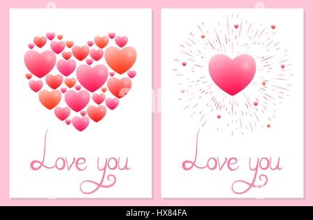 Set di schede romantico costituito da vari Cuori dolci e scritte su uno sfondo bianco. Realizzato in rosa e toni di rosso. Illustrazione Vettoriale. Valenti Illustrazione Vettoriale