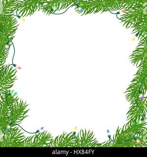 Natale naturale cornice quadrata di colore verde brillante dei rami di abete, aggrovigliate ghirlanda luminosa della luce colorata le lampadine con la neve e i fiocchi di neve. F isolato Illustrazione Vettoriale