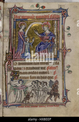 La "Vergine e Diavolo" è un dipinto in miniatura delle ore di Taymouth, un manoscritto miniato del XIV secolo, che presenta un confronto tra la Vergine Maria e il Diavolo, che illustra l'iconografia cristiana e l'arte medievale. Foto Stock