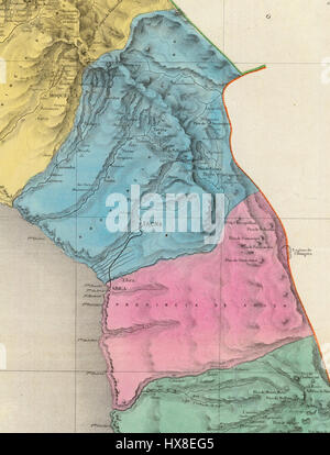 La mappa del 1865 di Tacna y Arica illustra la regione geografica che fu centrale per le dispute territoriali tra Cile, Perù e Bolivia nel XIX secolo. Riflette l'importanza politica e militare di questa regione durante la guerra del Pacifico. Foto Stock