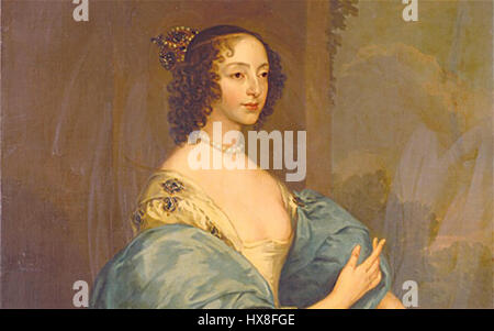 Questo dettaglio tratto da un ritratto di Sir Anthony van Dyck, con Enrichetta d'Inghilterra, mostra la maestria dell'artista nel catturare l'eleganza e la grazia reali. La delicata rappresentazione delle sue caratteristiche mette in risalto la raffinatezza della ritrattistica del XVII secolo. Foto Stock