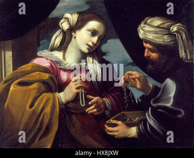 «Rebeca y Eleazar» di Pietro Desani ritrae la storia biblica di Rebecca ed Eliezer dall'Antico Testamento. Il dipinto raffigura l'incontro di Rebecca con Eliezer, servo di Abramo, che cerca una sposa per Isacco. Il lavoro di Desani cattura il momento chiave della scelta di Rebecca, mostrando ricchi dettagli e la profondità emotiva della narrazione. Foto Stock