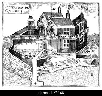 Questa illustrazione tratta da "Histoires des Canadiens franais" descrive la storia dei canadesi francesi dal 1608 al 1880. L'opera d'arte fornisce informazioni sull'evoluzione culturale e storica dei coloni francesi in Canada durante questi anni. Foto Stock