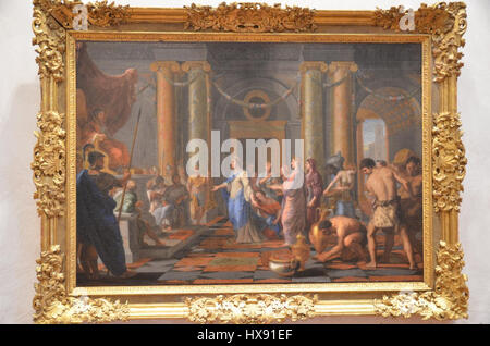 "Salomon Recevant la Reine de Saba" è una rappresentazione della storia biblica in cui il re Salomone incontra la regina di Saba. L'opera d'arte cattura lo scambio di doni e saggezza tra i due governanti, simboleggiando prosperità e saggezza. Foto Stock