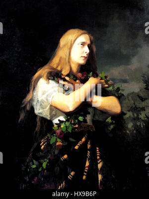 "Ophelia" di John Everett Millais (1865) è un celebre dipinto preraffaellita che raffigura il tragico annegamento di Ofelia dall'Amleto di Shakespeare, mostrando colori vivaci e dettagli intricati. Foto Stock