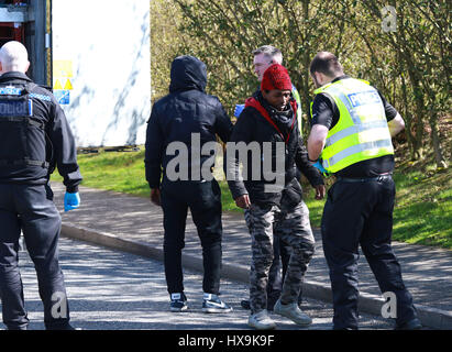 Peterborough, Regno Unito. 25 Mar, 2017. Gli immigrati illegali . Peterborough, CAMBRIDGESHIRE . Marzo 25, 2017. Cambridgeshire polizia arrestato un carrello dalla Repubblica ceca dopo che il conducente ha squillato loro di dire loro che egli pensava che ci potrebbero essere le persone all'interno. La polizia ha trovato 3 uomini che hanno iniziato il loro viaggio in Eritrea, Africa orientale. Il loro viaggio illegale finito in Peterborough, CAMBRIDGESHIRE. Credito: Paolo Marriott/Alamy Live News Foto Stock