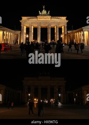 Berlino. 25 Mar, 2017. Combo foto scattata il 25 marzo 2017 mostra la Porta di Brandeburgo con le luci accese (sopra) e spento per l annuale Earth Hour manifestazione di Berlino, capitale della Germania. Credito: Shan Yuqi/Xinhua/Alamy Live News Foto Stock