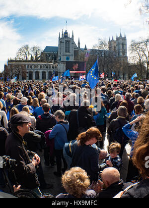 Londra, Regno Unito. 25 Mar, 2017. Marzo per l'Europa la folla in Piazza del Parlamento guarda il grande schermo e ascolto di Partito Verde del leader di credito del parlato: Ghene Snowdon/Alamy Live News Foto Stock
