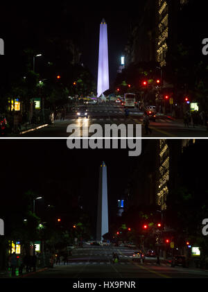 Buenos Aires. 25 Mar, 2017. Combo foto scattata il 25 marzo 2017 mostra l'obelisco con luce spenta (giù e su durante l Ora della Terra a Buenos Aires, capitale dell'Argentina. Credito: Martin Zabala/Xinhua/Alamy Live News Foto Stock