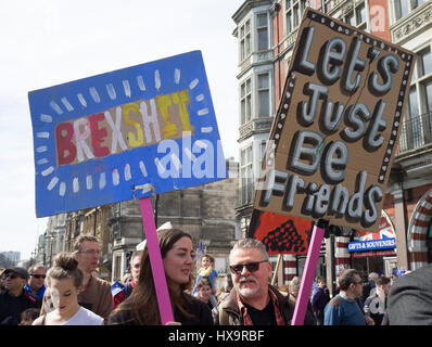 Londra, Regno Unito. 25 Mar, 2017. Migliaia d'Europa Remainers prendere parte nel mese di marzo nella zona centrale di Londra contro Brexit come parte di Unite per l'Europa come Primo Ministro Theresa Maggio si prepara ad attivare l'articolo 50 su 29 Marzo per iniziare il processo di Gran Bretagna il ritiro dall'Unione europea Credito: amer ghazzal/Alamy Live News Foto Stock