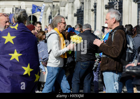 25 mar 2017. Anti-Brexit manifestanti portano fiori per Westminster il terrore delle vittime di attacco durante il Unite per l'Europa marzo a Londra, Regno Unito. Foto Stock