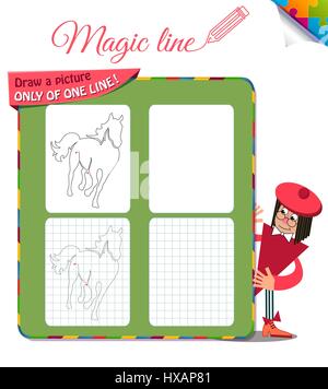 Visual gioco per bambini. Libro da colorare l'istruzione. Attività: disegna un quadro unico di un cavallo di linea Illustrazione Vettoriale