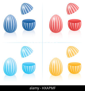 Uovo di Pasqua scatole riempibile con strisce, chiuso e aperto per essere riempito - in quattro colori diversi. Tridimensionale illustrazione isolato. Foto Stock