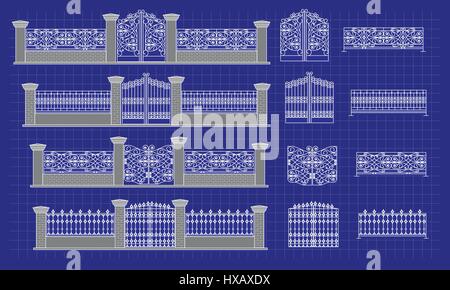 Dettagli architettonici e blueprint di recinzione, vettore Illustrazione Vettoriale