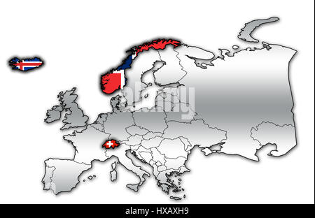 Mappa politico dell Europa con bandiere di memeber paesi dell Associazione europea di libero scambio Foto Stock
