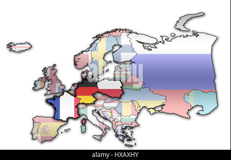 Mappa politico dell Europa con bandiere di memeber paesi del gruppo di Visegrad Foto Stock