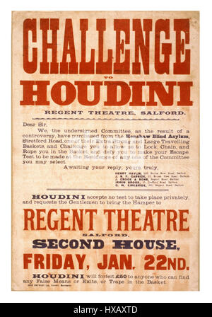 "Sfida alla Houdini' Teatro Vintage poster del novecento Regent Theatre Salford Regno Unito poster di promozione della rinomata escapologist e mago Harry Houdini Foto Stock